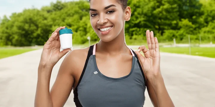 woman in the park holding a supplement bottle
