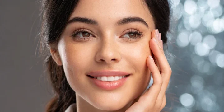 A young woman doing facial exercises