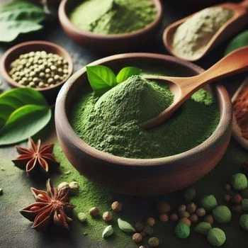 Close up shot of green powder being scooped by a wooden spoon