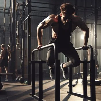 Man exercising using paralette bars