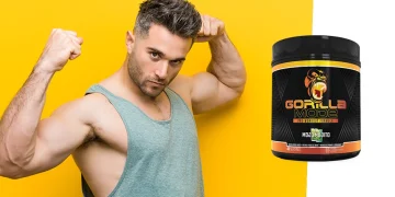 Man flexing muscles in yellow background with Gorilla Mode overlay