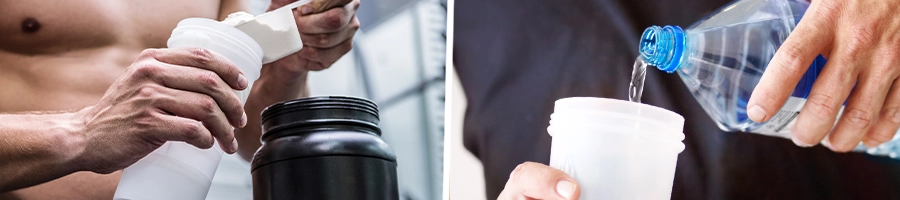 Getting a scoop of supplement powder and pouring water after