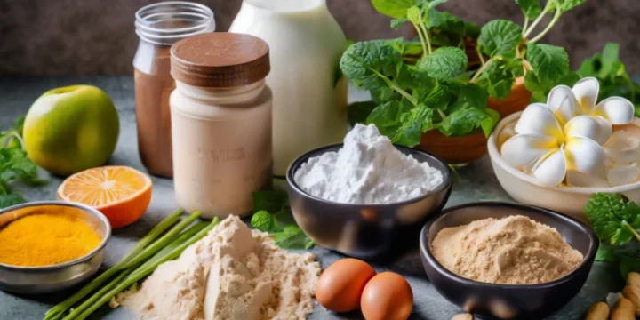 Close up shot of different vegan-protein-powders