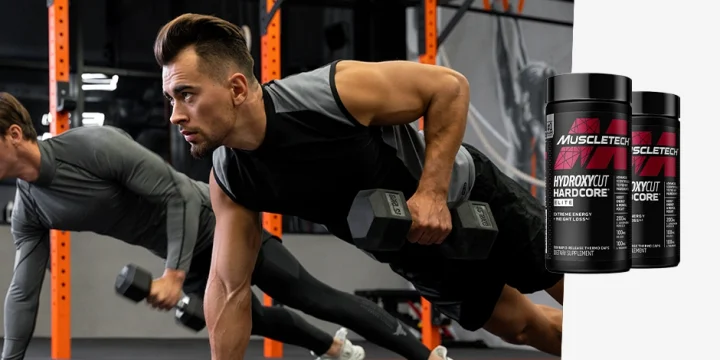 Gym partners performing workout with Hydroxycut Hardcore Elite overlay