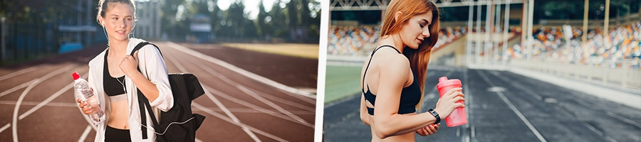 Women on race track holding pre-workout