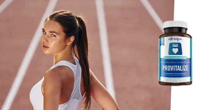 Woman on race track with Provitalize supplement overlay