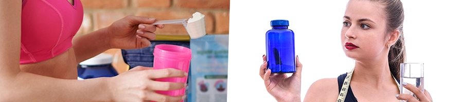 Woman holding pre-workout supplements, powder and pills