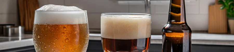 A glass and bottle of beer on a kitchen table